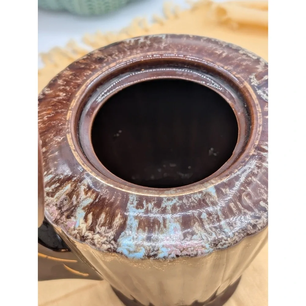 Vintage Mid Century Modern Drip Glaze Teapot Brown Ribbed Ceramic Tea Pot Japan